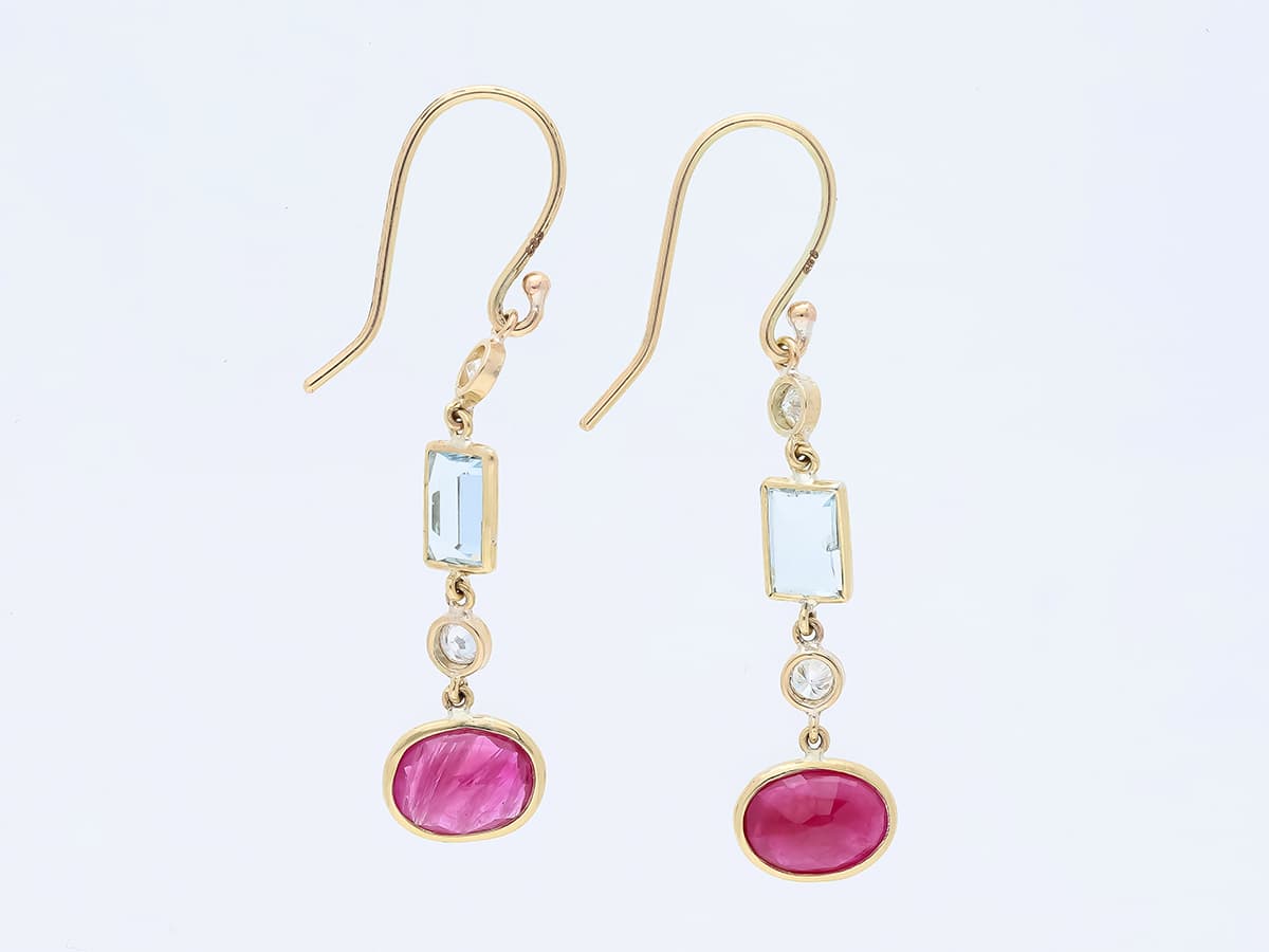 Ohrringe+3,55+ct.+Diamanten,+Rubin,+Aquamarin+585+Gelbgold+14+Karat+GIL+Zertifikat - image 2