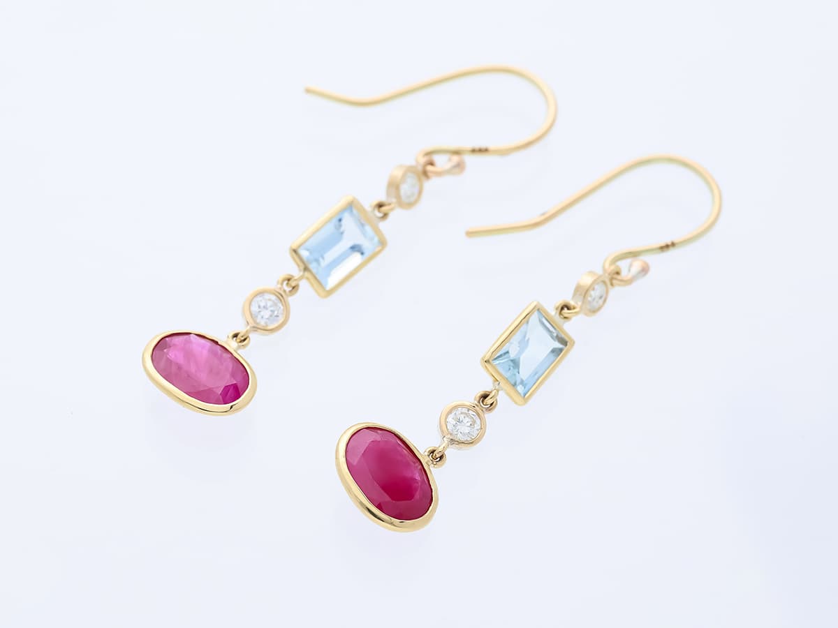 Ohrringe+3,55+ct.+Diamanten,+Rubin,+Aquamarin+585+Gelbgold+14+Karat+GIL+Zertifikat - image 3
