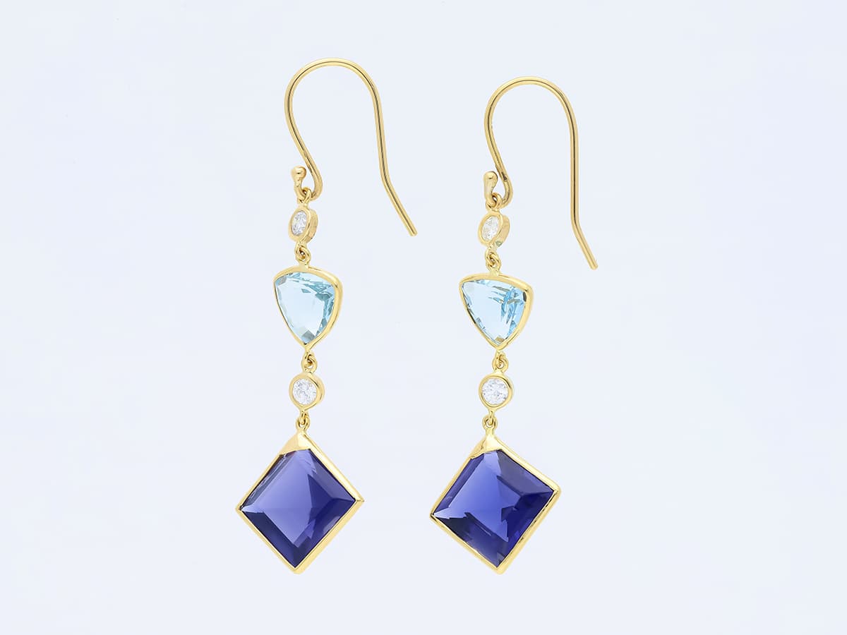 Ohrringe+8,40+ct.+Diamanten,+Aquamarin,+Iolite+585+Gelbgold+14+Karat+GIL+Zertifikat