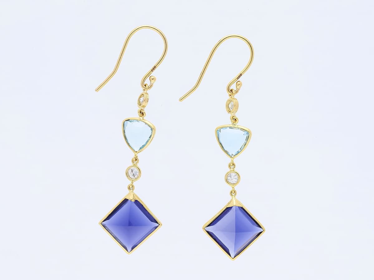 Ohrringe+8,40+ct.+Diamanten,+Aquamarin,+Iolite+585+Gelbgold+14+Karat+GIL+Zertifikat - image 2