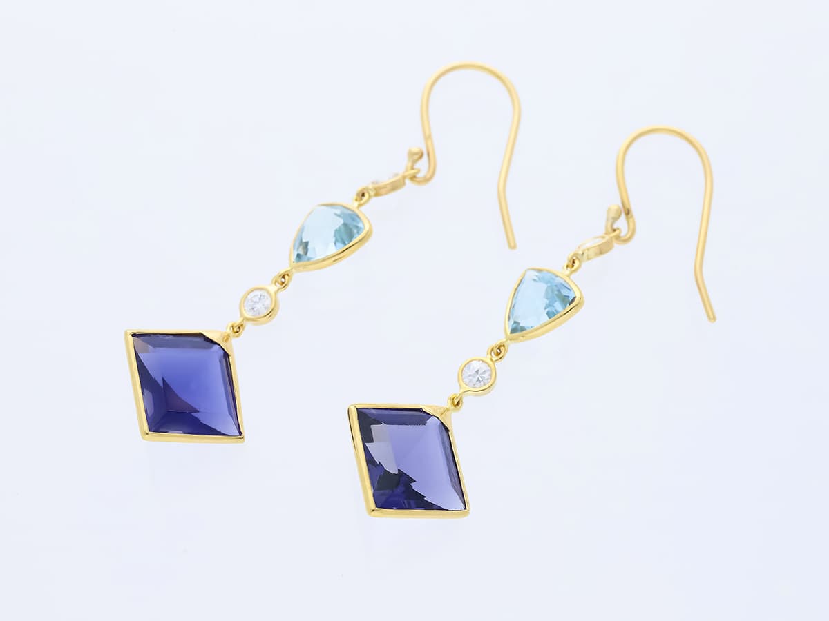 Ohrringe+8,40+ct.+Diamanten,+Aquamarin,+Iolite+585+Gelbgold+14+Karat+GIL+Zertifikat - image 3