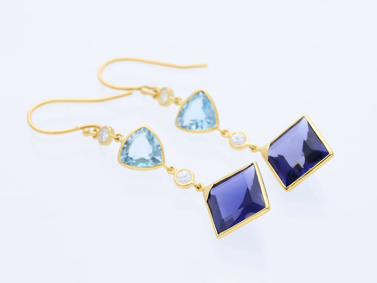 Ohrringe+8,40+ct.+Diamanten,+Aquamarin,+Iolite+585+Gelbgold+14+Karat+GIL+Zertifikat - image 4