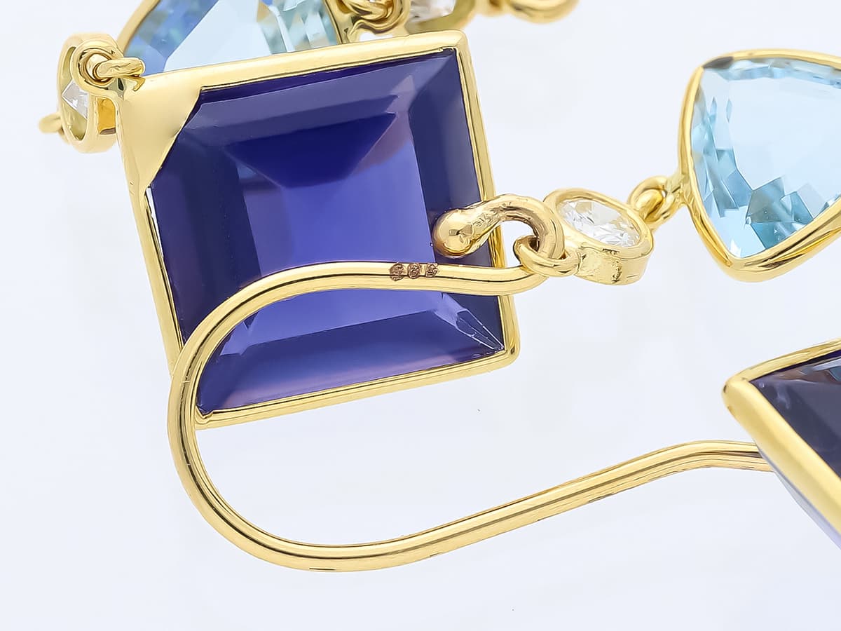 Ohrringe+8,40+ct.+Diamanten,+Aquamarin,+Iolite+585+Gelbgold+14+Karat+GIL+Zertifikat - image 5