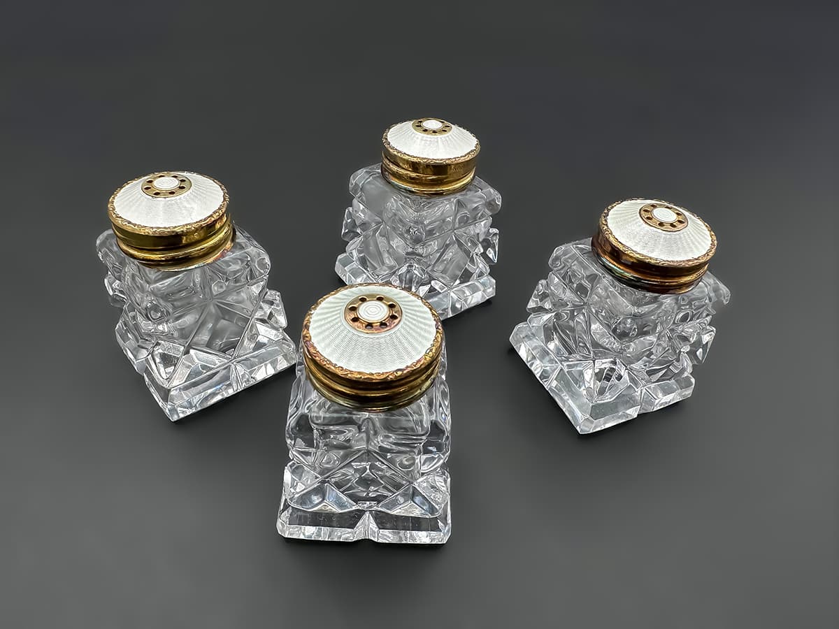 Cartier+Set:+4+Glaskristall+Salz-Pfefferdosen,+Sterling+Norway,+Original+Box - image 2
