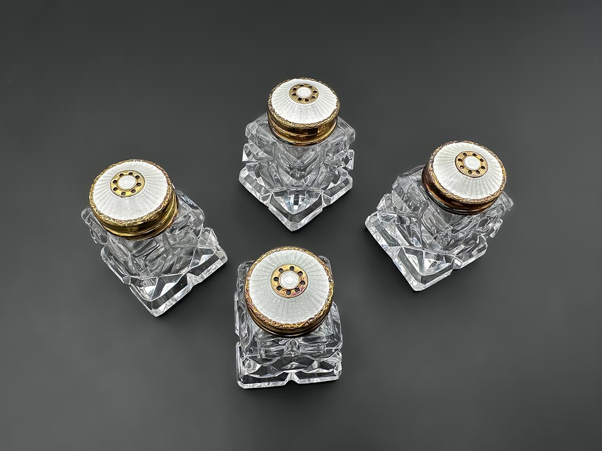 Cartier+Set:+4+Glaskristall+Salz-Pfefferdosen,+Sterling+Norway,+Original+Box - image 3