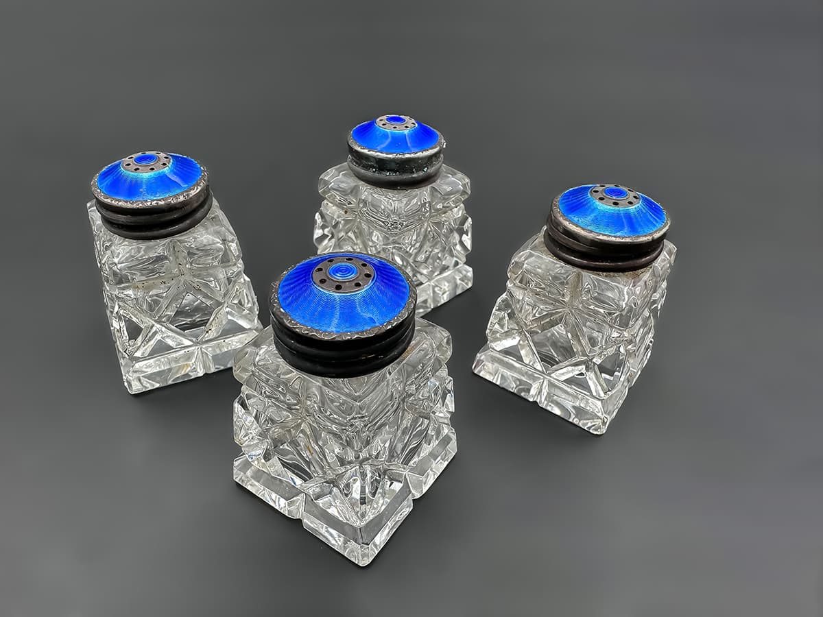 Cartier+Set:+4+Glaskristall+Salz-Pfefferdosen,+Sterling+Norway,+Original+Box - image 2