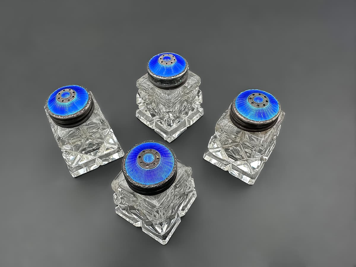 Cartier+Set:+4+Glaskristall+Salz-Pfefferdosen,+Sterling+Norway,+Original+Box - image 3