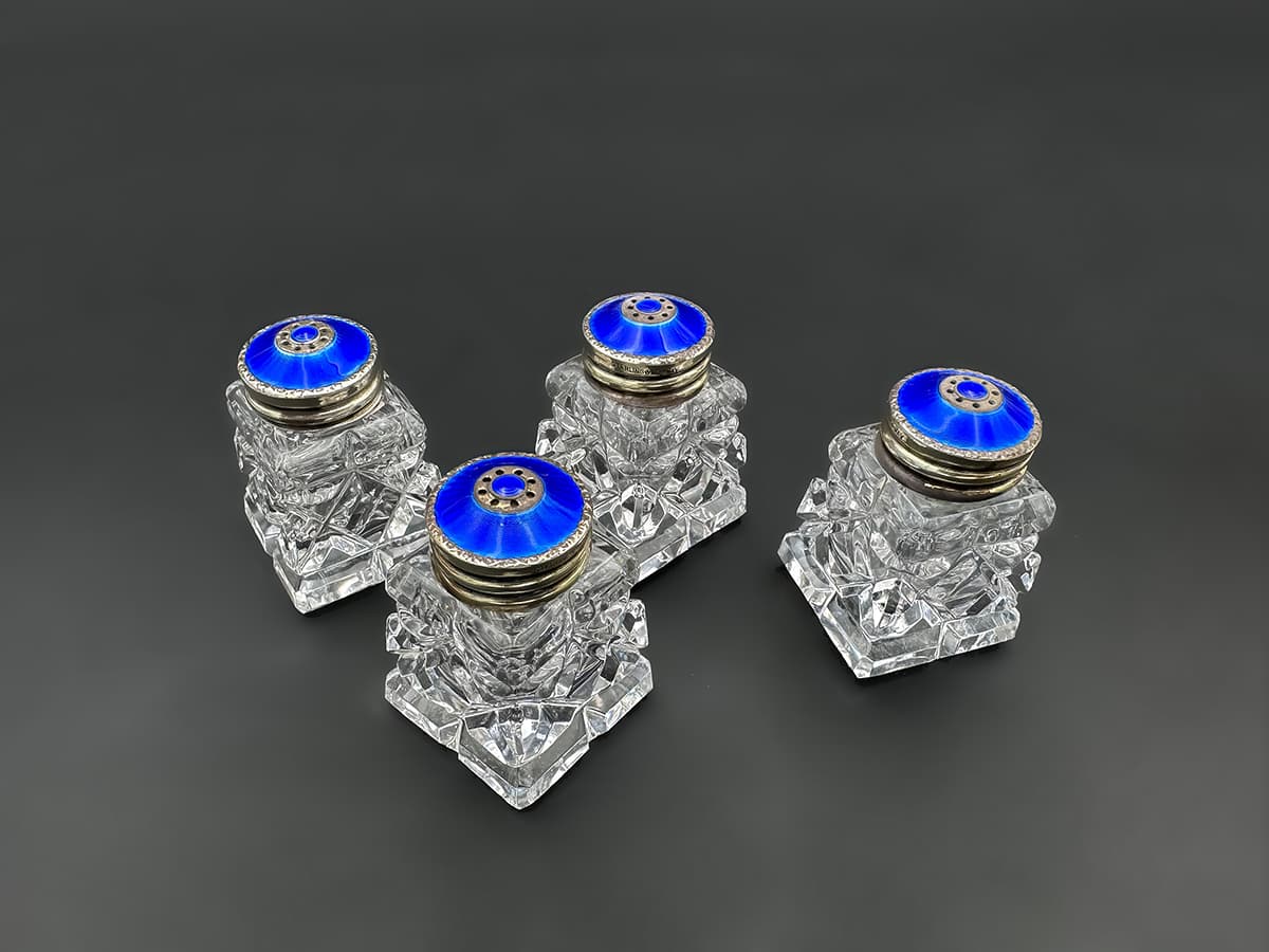 Cartier+Set:+4+Glaskristall+Salz-Pfefferdosen,+Sterling+Norway,+Original+Box - image 2