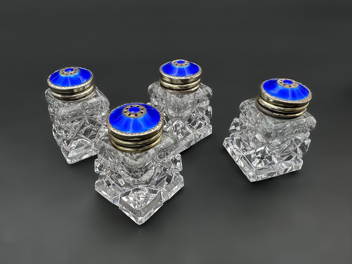 Cartier+Set:+4+Glaskristall+Salz-Pfefferdosen,+Sterling+Norway,+Original+Box - image 3