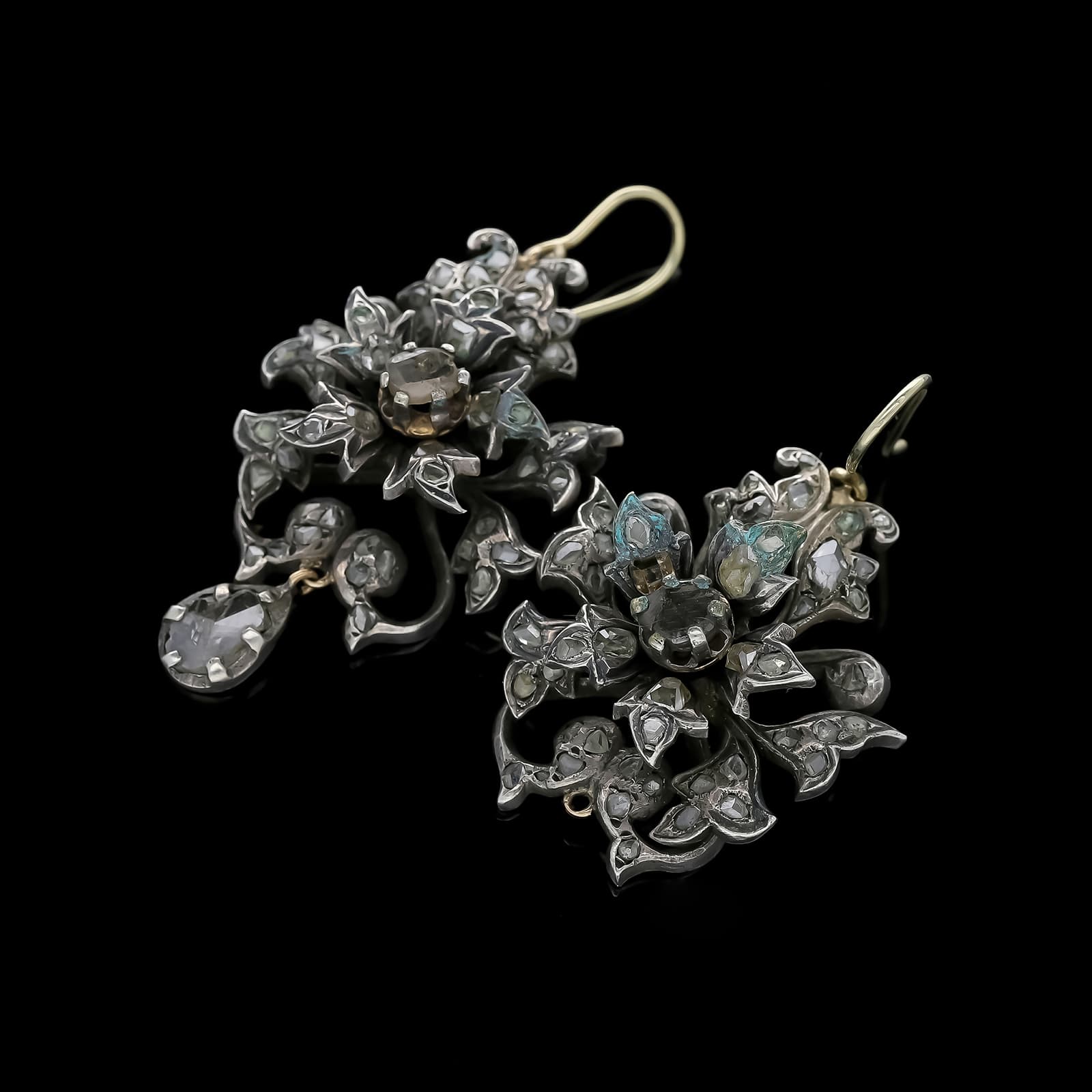 Antike+Silber+Gold+Ohrringe+mit+Rosenschliff+Diamanten.+Europa,+19.+Jh. - image 3
