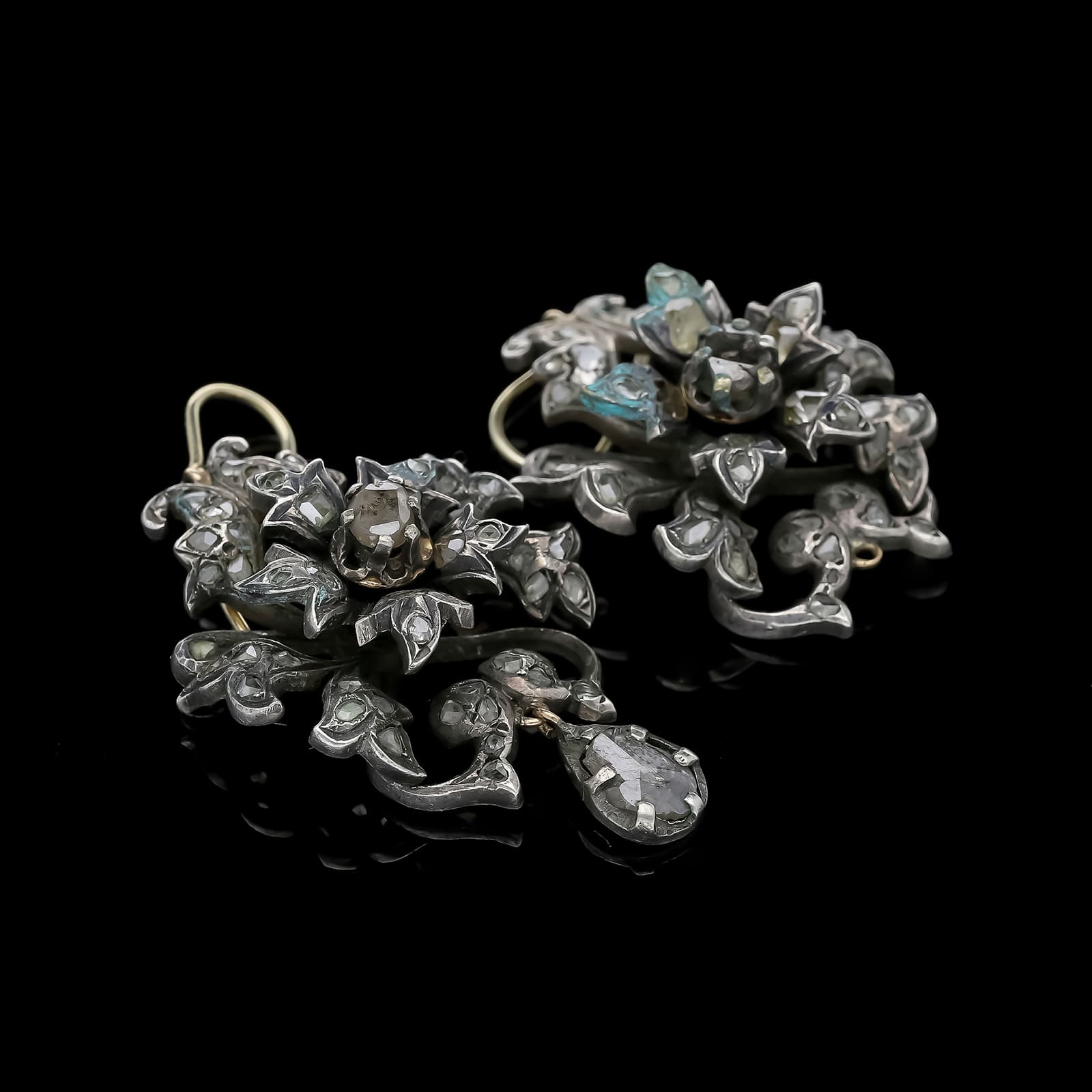 Antike+Silber+Gold+Ohrringe+mit+Rosenschliff+Diamanten.+Europa,+19.+Jh. - image 4