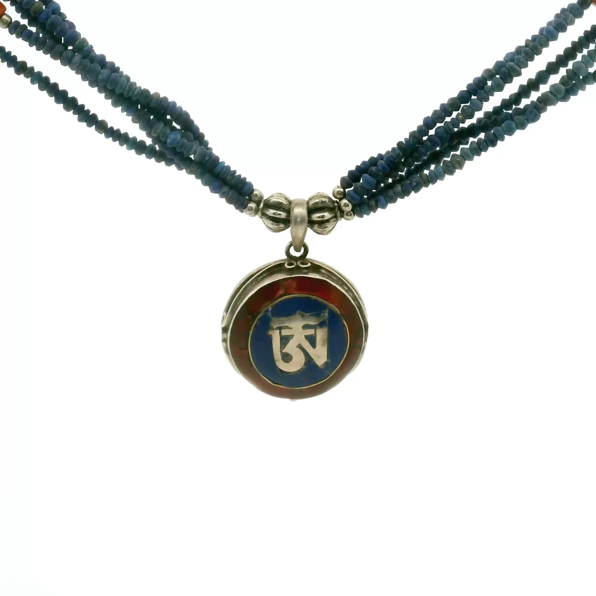 Silber+Halskette+Lapis+Lazuli,+Korallen,+Silberanhänger+Himalaya/Tibet,+ca.+1950–1980