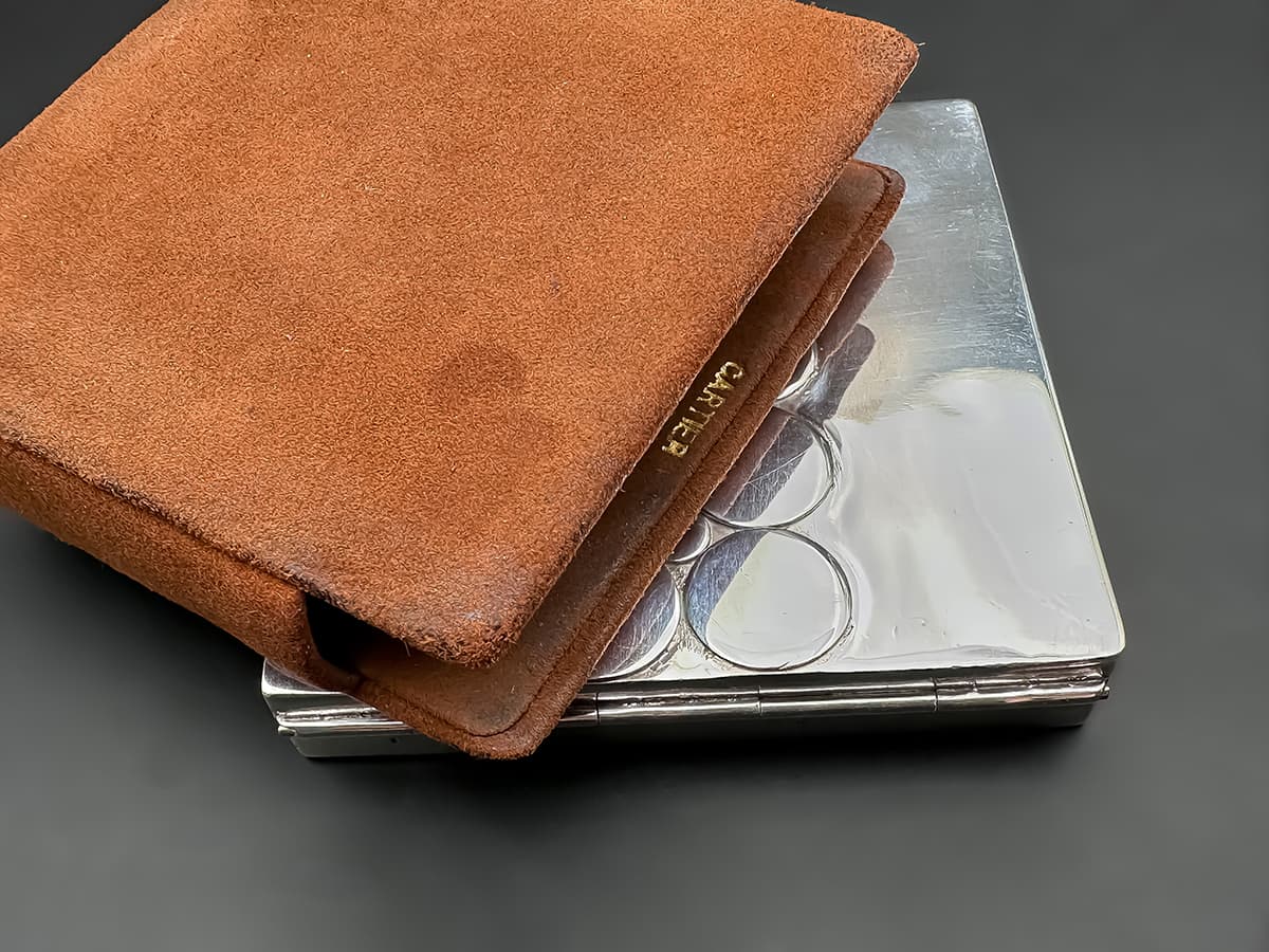 Silber+Deckel+Dose,+signiert+mit+"MR+und+Sterling"+in+Cartier+Leder+Hülle - image 5
