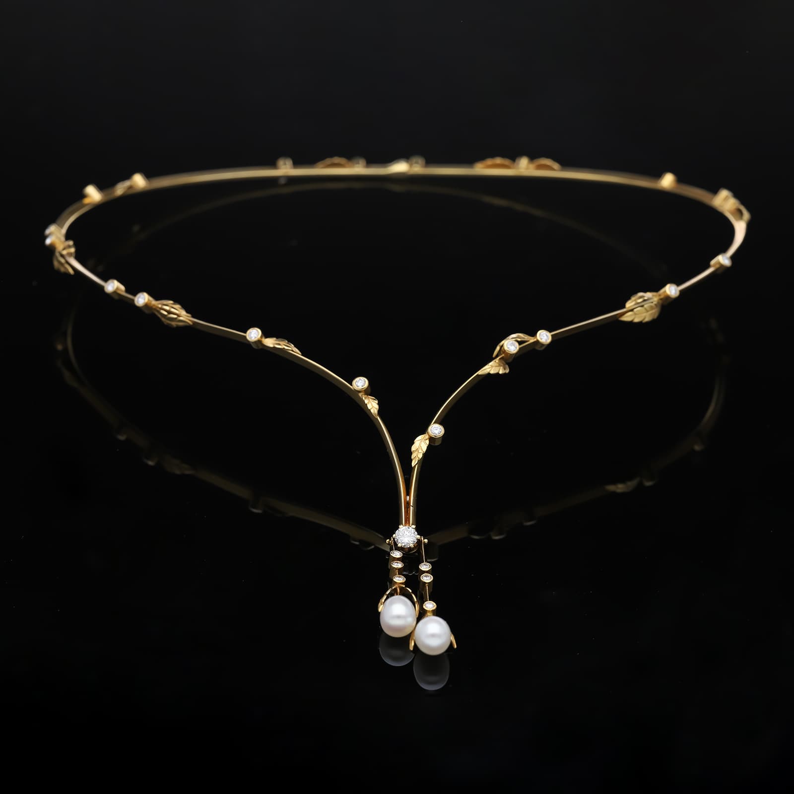 Collier+1,20+ct.+Diamanten,+Zucht+Perle+750+Gelbgold+18+kt.