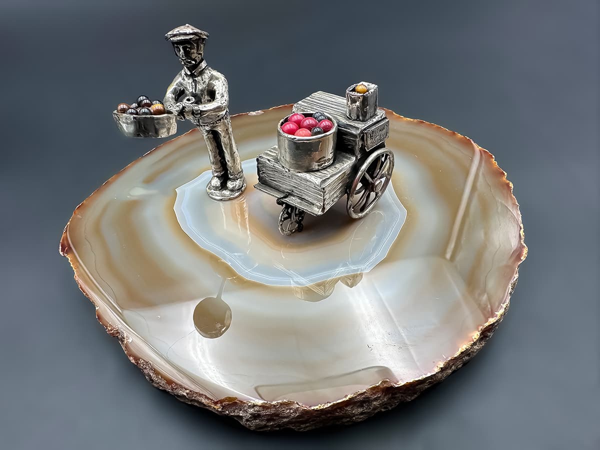 Sterling+Silber+Kastanien+Verkäufer+auf+Achat+Platte+mit+Halbedelsteine,+signiert