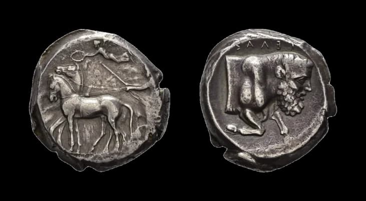 Sizilien Gela, Tetradrachme (17,35g), ca. 420-415 v. Chr. Av: Quadriga nach links, darüber Nike mit Kranz. Rev: Menschenköpfige Stierprotome nach - image 2