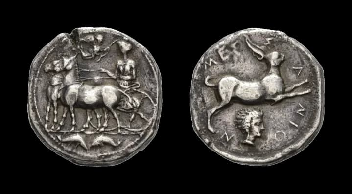 Sizilien, Messana, Tetradrachme (17,09g), 412-408 v. Chr. Av: Maultierbiga nach links, darüber Nike nach rechts. Rev: Hase nach rechts, darunter - image 2