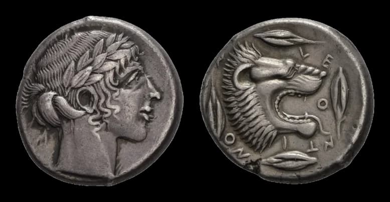 Sizilien, Leontinoi, Tetradrachme (17,24g), ca. 455-425 v. Chr. Av: Apollokopf mit Lorbeerkranz nach rechts. Rev: Löwenkopf nach rechts, darum vier - image 2