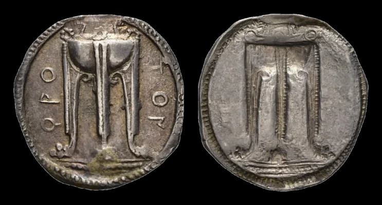 Bruttium, Kroton, Stater (8,18g), ca. 530-500 v. Chr. Av: Dreifuss mit Löwenbeinen. Rev: Incuser Dreifuss. SNG ANS 235/237; HGC 1, 1444, sehr schön - image 2