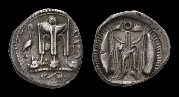 Bruttium, Kroton, Stater (7,82g), ca. 480-430 v. Chr. Av: Dreifuss mit Löwenbeinen, links daneben ein Storch. Rev: Incuser Dreifuss. SNG ANS - image 2