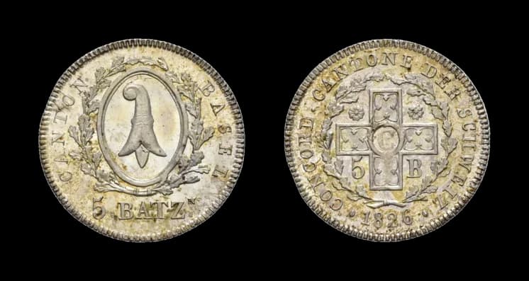 Basel, Kanton, 5 Batzen 1826, HMZ 2-109a, Stempelglanz. Prachtexemplar! Aus der Sammlung Gebrüder Weibel. - image 2