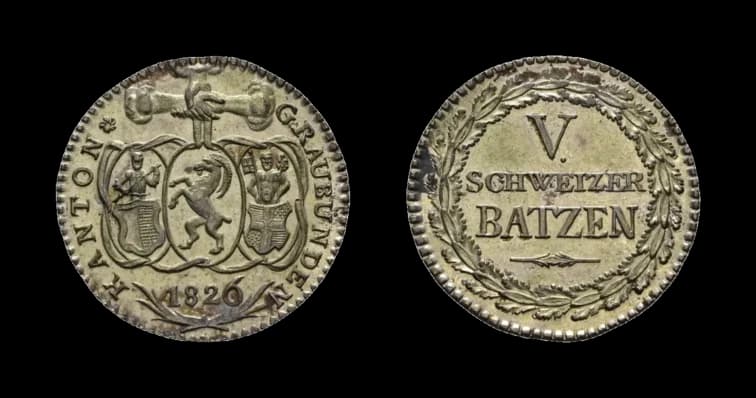 Graubünden, 5 Batzen 1826, HMZ 2-604c, Stempelglanz. Aus der Sammlung Gebrüder Weibel. - image 2