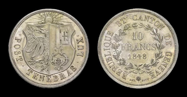 Genf, 10 Francs 1848, HMZ 2-363, berieben, vorzüglich. Selten! Nur 385 Exemplare geprägt. Aus der Sammlung Gebrüder Weibel. - image 2
