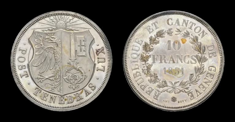 Genf, 10 Francs 1851, HMZ 2-363b, kleine Kratzer, fast Stempelglanz. Aus der Sammlung Gebrüder Weibel. - image 2