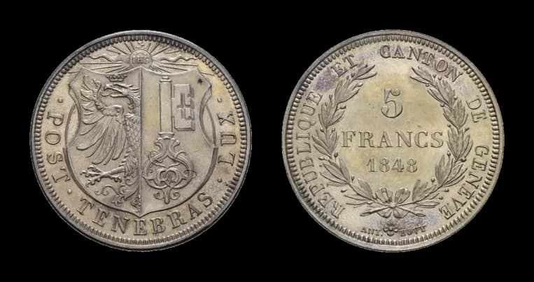 Genf, 5 Francs 1848, HMZ 2-364, kleine Randfehler, fast Stempelglanz. Aus der Sammlung Gebrüder Weibel. - image 2