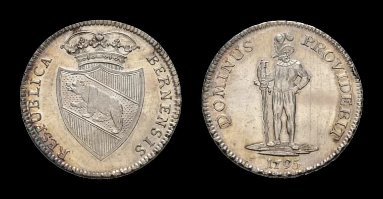 Bern, Taler 1795, Krieger mit zwei Federn auf Hut. HMZ 2-218b, Randfehler, Haarlinien/berieben, fast Stempelglanz. Aus der Sammlung Gebrüder Weibel. - image 2