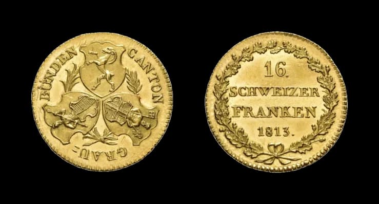 Graubünden, 16 Franken 1813, Bern, geprägt aus Calanda-Gold. HMZ 2-602a, Fb. 265, winzige Kratzer, vorzüglich bis Stempelglanz. Nur 100 Exemplare - image 2