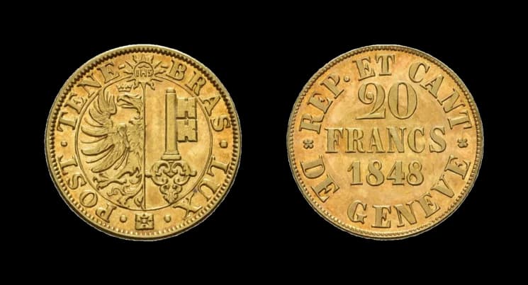 Genf, 20 Francs 1848, HMZ 2-361a, Fb. 263, leicht berieben, vorzüglich. Aus der Sammlung Gebrüder Weibel. - image 2