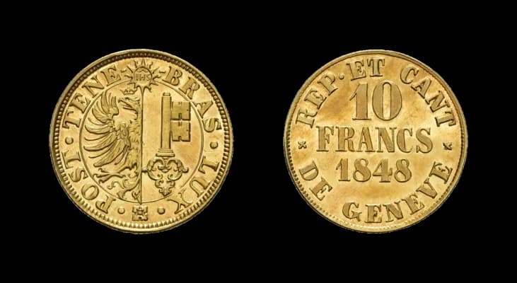 Genf, 10 Francs 1848, HMZ 2-362a, Fb. 264, vorzüglich bis Stempelglanz. Aus der Sammlung Gebrüder Weibel. - image 2
