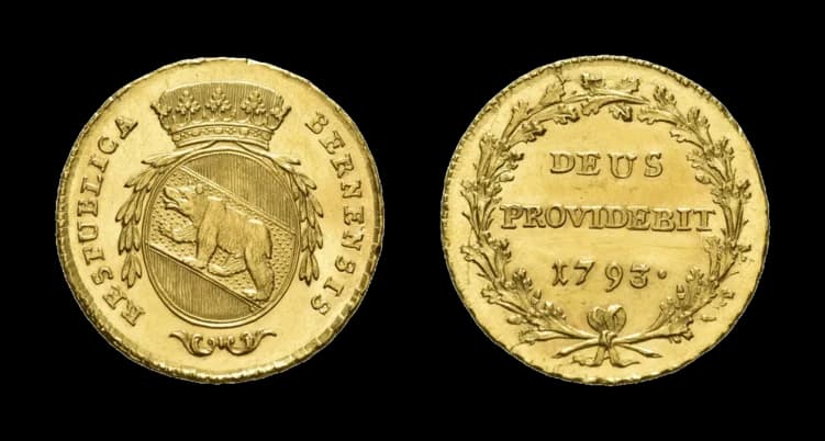 Bern, Doppelduplone 1793. HMZ 2-211a, Fb. 181, Henkelspur, felder stellenweise bearbeitet, vorzüglich bis Stempelglanz. Aus der Sammlung Gebrüder - image 2