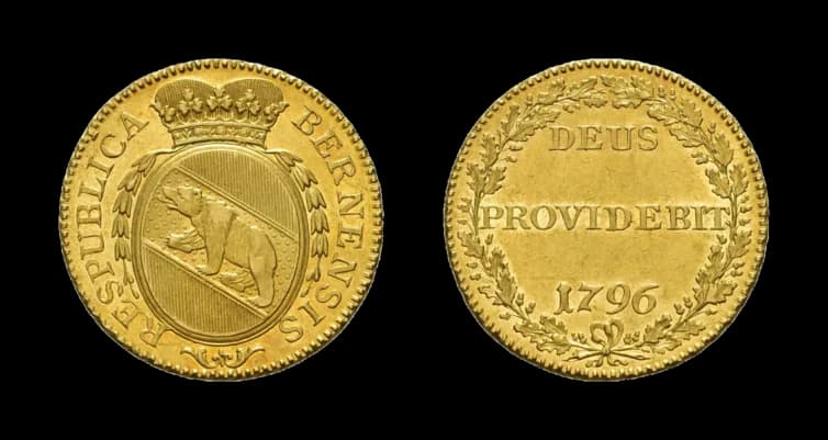 Bern, Doppelduplone 1796. HMZ 2-211e, Fb. 181, kleine Kratzer, spiegelnde Felder, vorzüglich+. Aus der Sammlung Gebrüder Weibel. - image 2