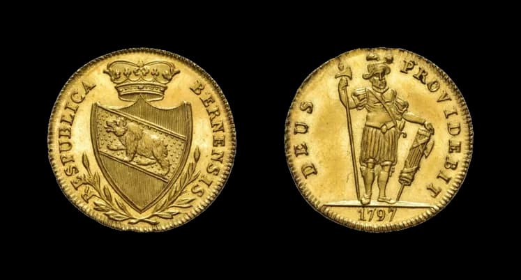 Bern, 1/2 Duplone 1797. HMZ 2-216a, Fb. 188, Felder gereinigt, vorzüglich bis Stempelglanz. Aus der Sammlung Gebrüder Weibel. - image 2
