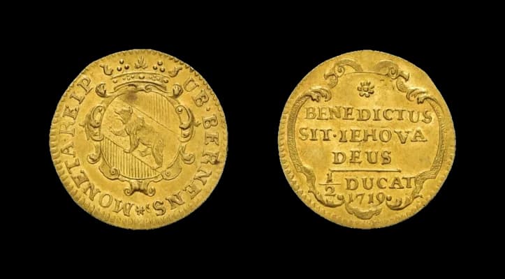 Bern, 1/2 Dukat (1,71g) 1719. HMZ 2-217g, Fb. 173, Druckstelle, vorzüglich. Aus der Sammlung Gebrüder Weibel. - image 2