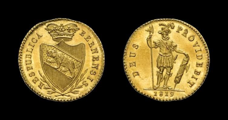 Bern, Duplone 1819. HMZ 2-229a, Fb. 187, Felder poliert, vorzüglich bis Stempelglanz. Aus der Sammlung Gebrüder Weibel. - image 2
