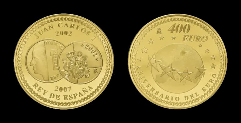 400 Euro 2007, Juan Carlos I., fünfjähriges Jubiläum des Euro. Fb. 418, in Kapsel. Polierte Platte. Aus der Sammlung Gebrüder Weibel. - image 2