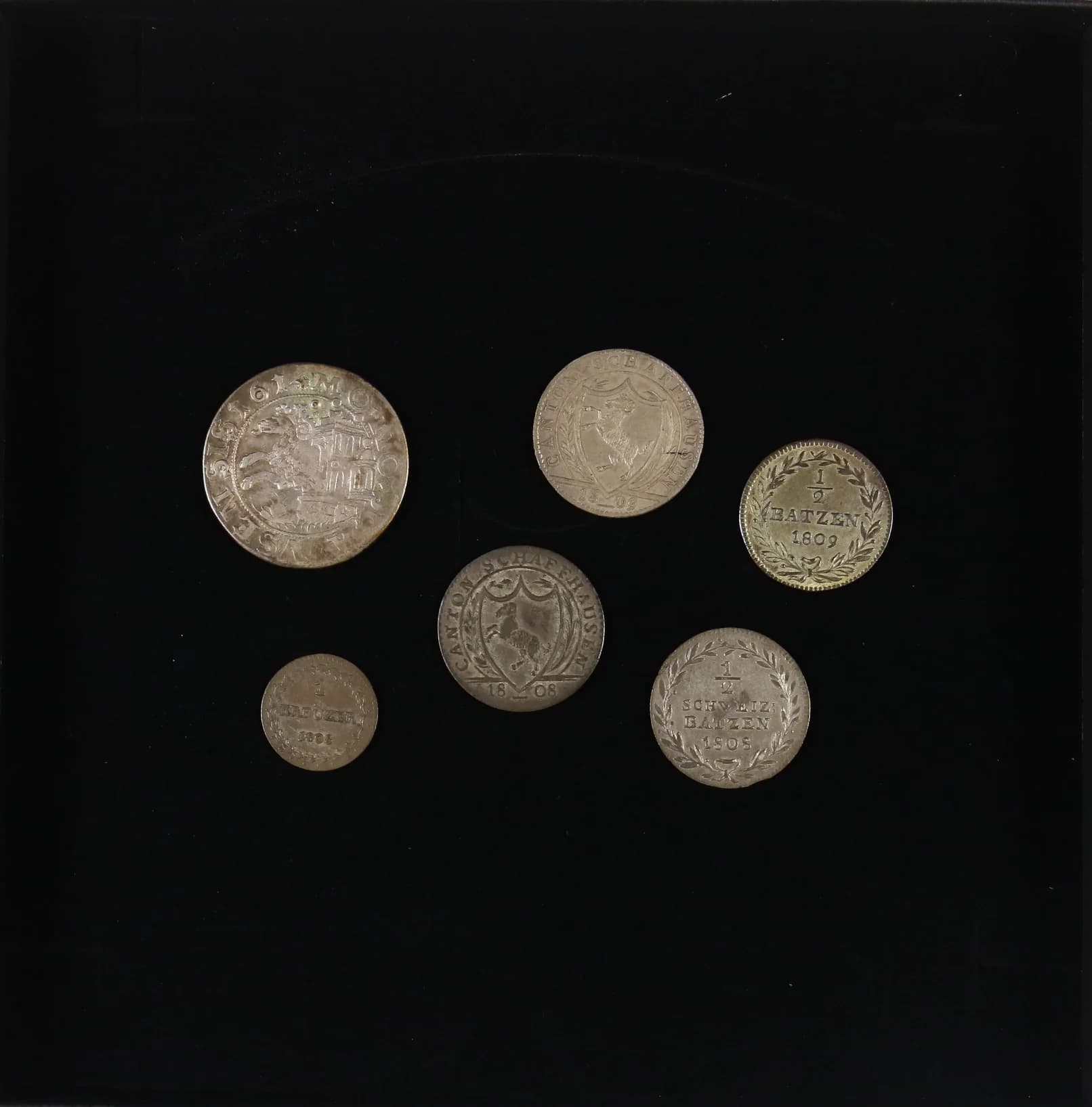 SCHWEIZ, SCHAFFHAUSEN, kleine Sammlung von 6 Münzen. Enthalten sind: Dicken 1614, 1 und 1/2 Schweizer Batzen 1808, 1 und 1/2 Batzen 1809, sowie ein - image 2