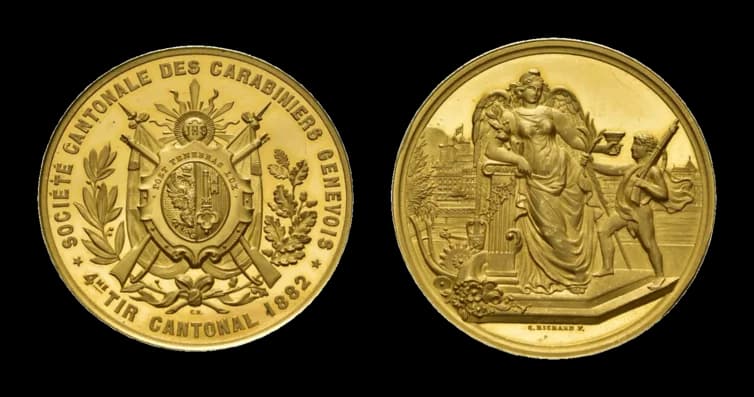 Genf, Goldmedaille (43mm, 49,83g) 1882, von Charles Jean Richard. Société cantonale des carabiniers genevois. Av: Wappen vor gekreuzten Gewehren - image 2