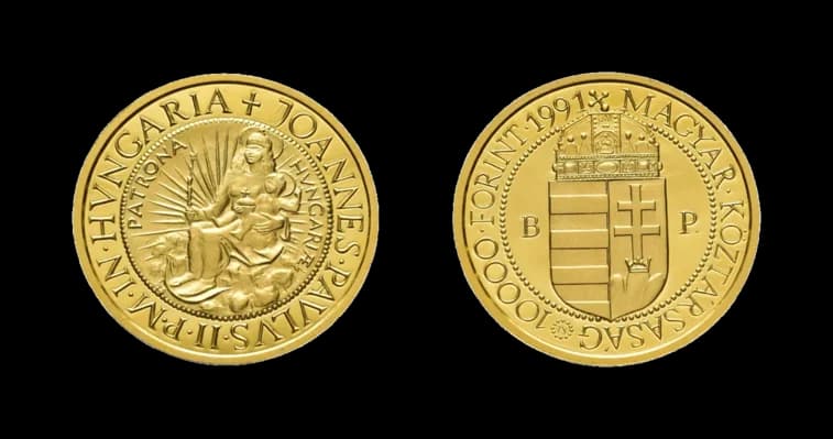 10000 Forint Gold 1991, auf den Besuch Johannes Paul II. in Budapest. Fb. 628, Polierte Platte. - image 2