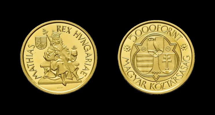 5000 Forint 1990, 500. Todestag König Matthias von Ungarn. Fb. 627, Polierte Platte. - image 2