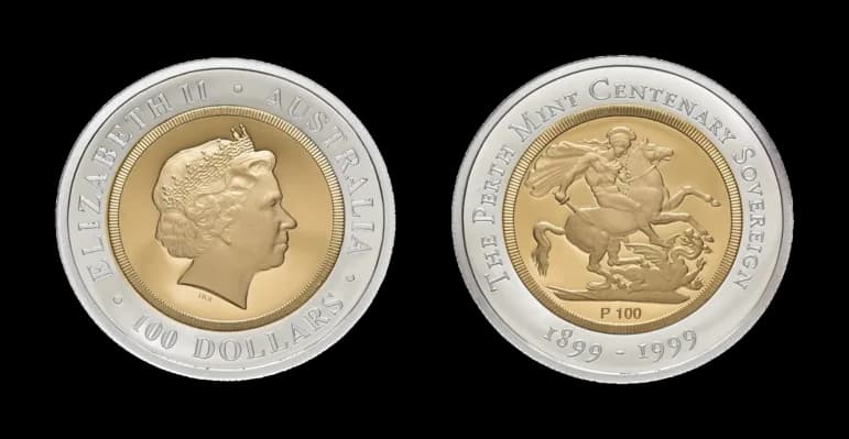 100 Dollars Bimetall Gold und Silber 1999. The Perth mint Centenary Sovereign, Fb. 71. Mit Zertifikat in Ausgabeschatulle, Polierte Platte. Auflage - image 2