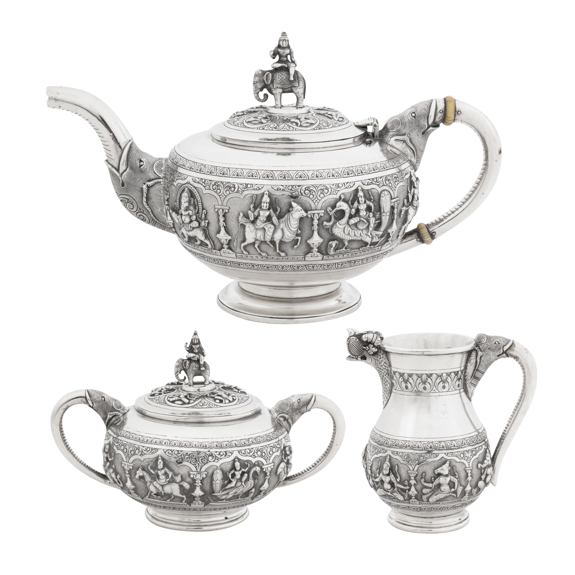 Bangalore circa 1910 probably by Cotha Krishniah Chetty An early 20th century Anglo-Indian silver three-piece tea service