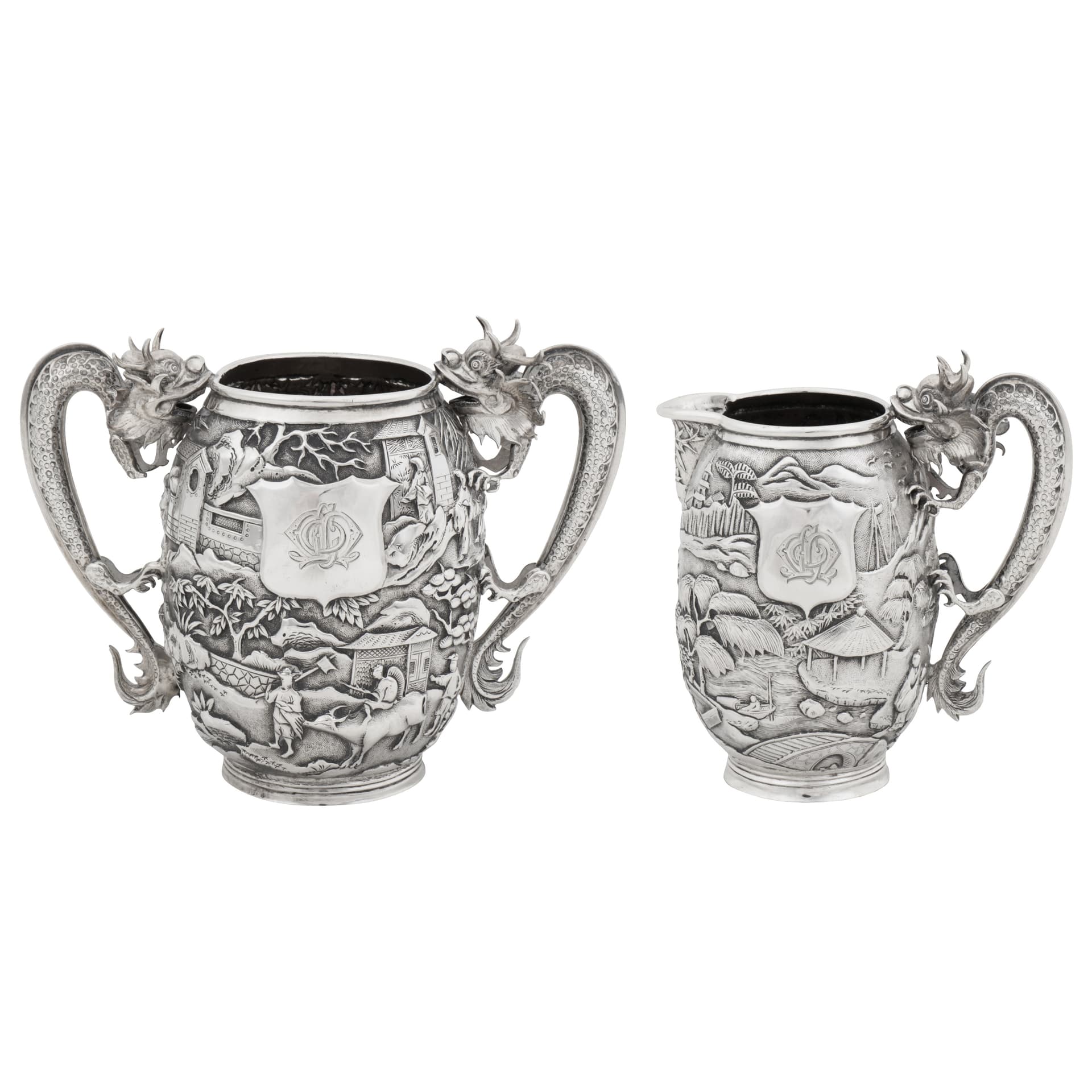 Canton circa 1890 marked Dak Chang, retailed by Wing Hang A late 19th century Chinese export silver milk jug and twin handled sugar bowl