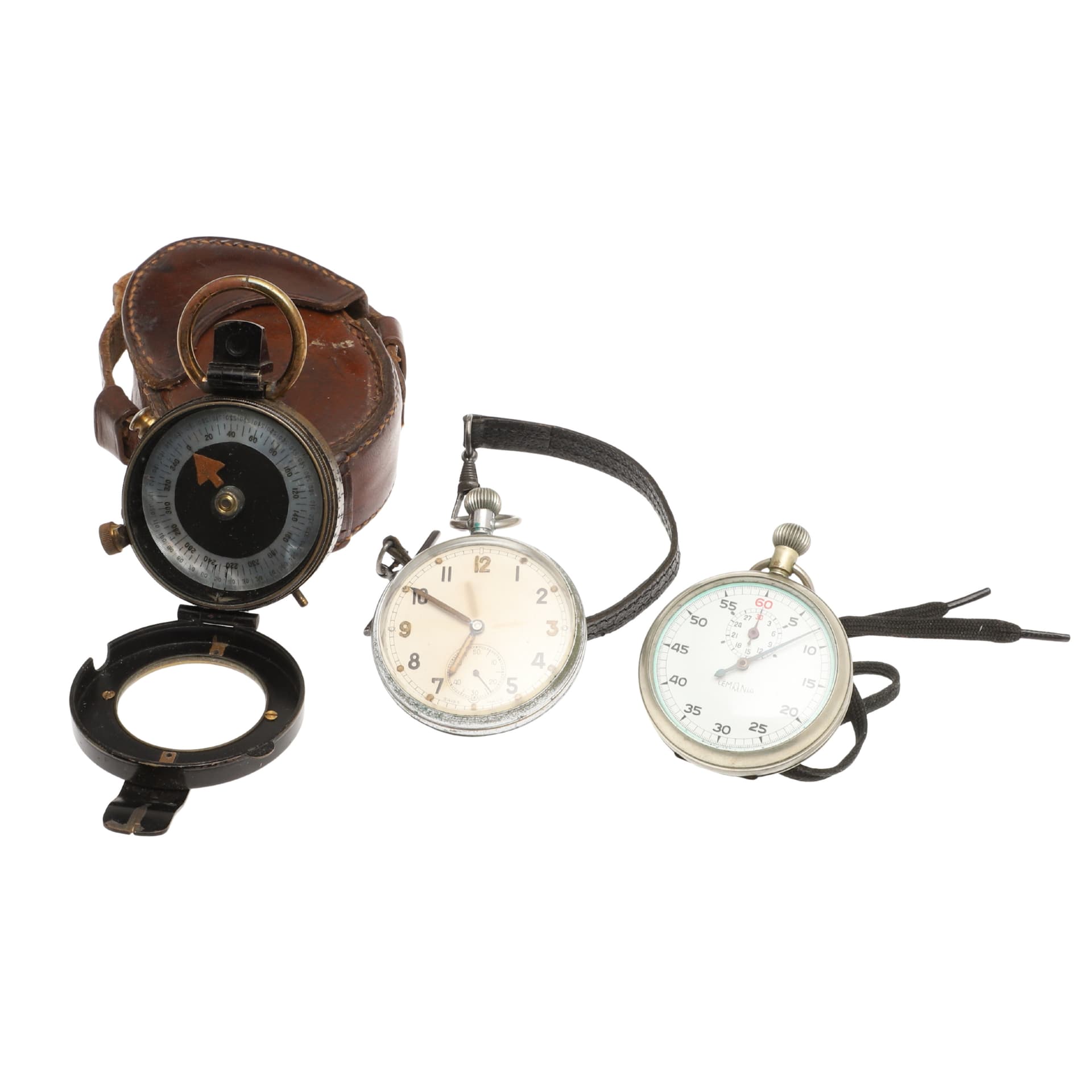 A SECOND WORLD WAR GSTP POCKET WATCH, STOPWATCH AND A COMPASS.