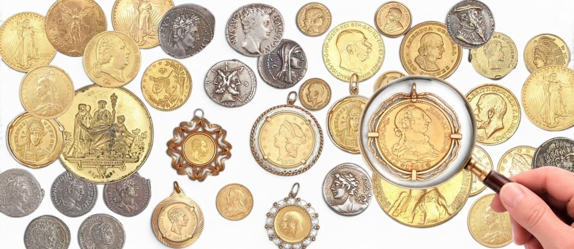 Collection of antique coins and medals in gold, silver and other metals