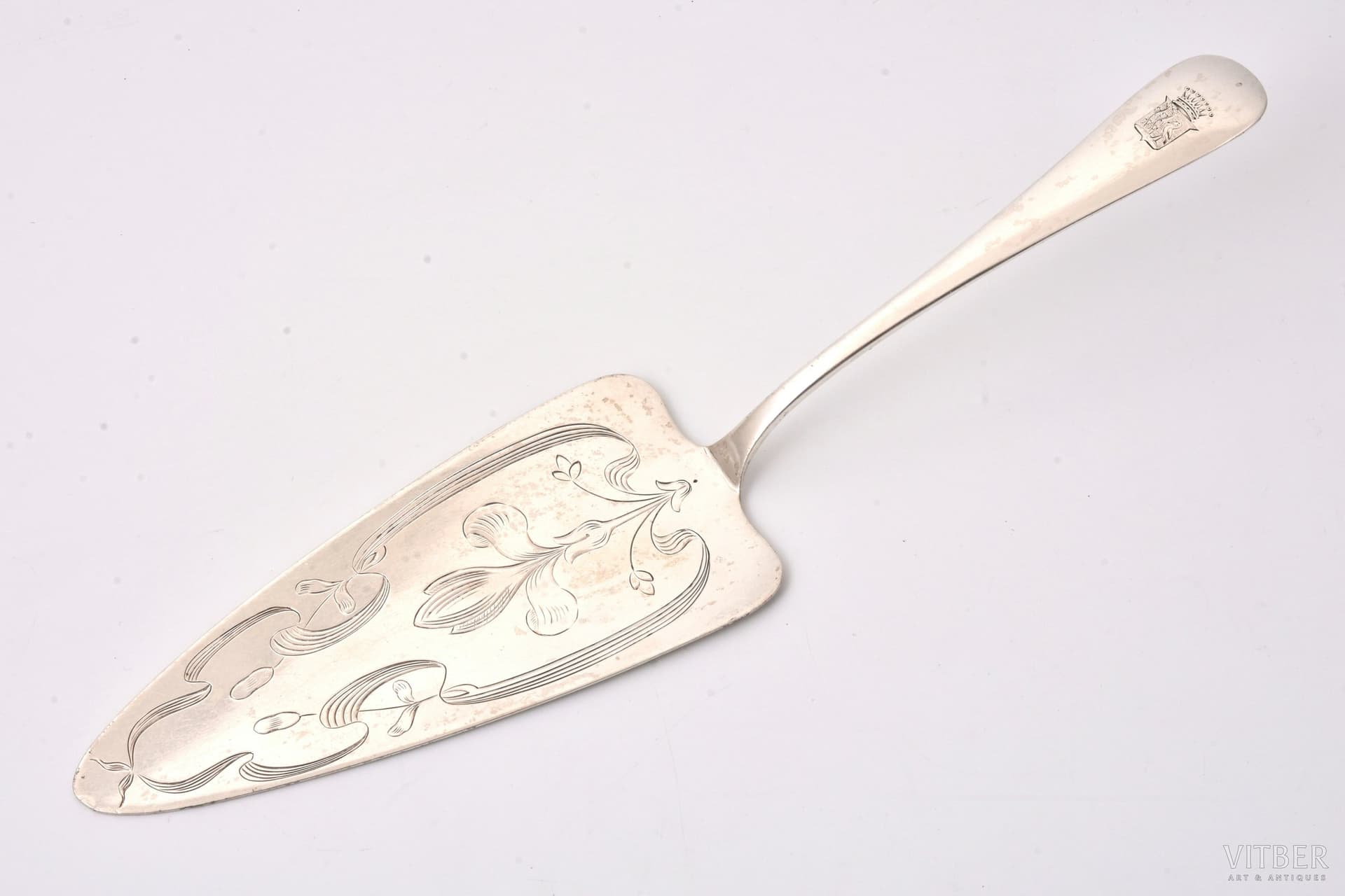 cake server, silver, 800 standard, 73.20 g, engraving, 24 cm, the beginning of the 20th cent., Germany, mark of "Mudra & Stiller" trading house