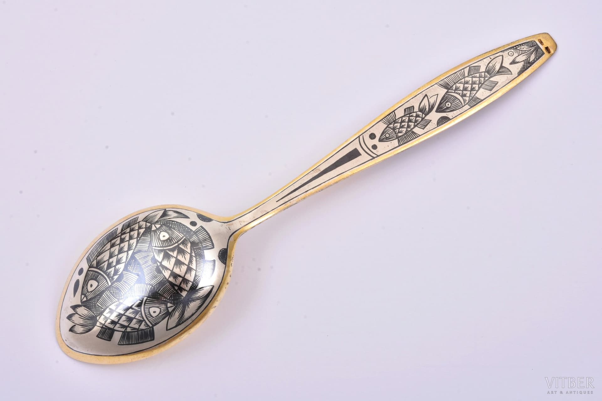 spoon, silver, 875 standard, 38.85 g, niello enamel, gilding, 16.5 cm, The "Severnaya Chern" factory of Veliky Ustyug, 1972, USSR